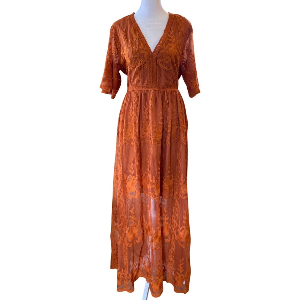Embroidered V-Neck Maxi Dress in Rust Orange